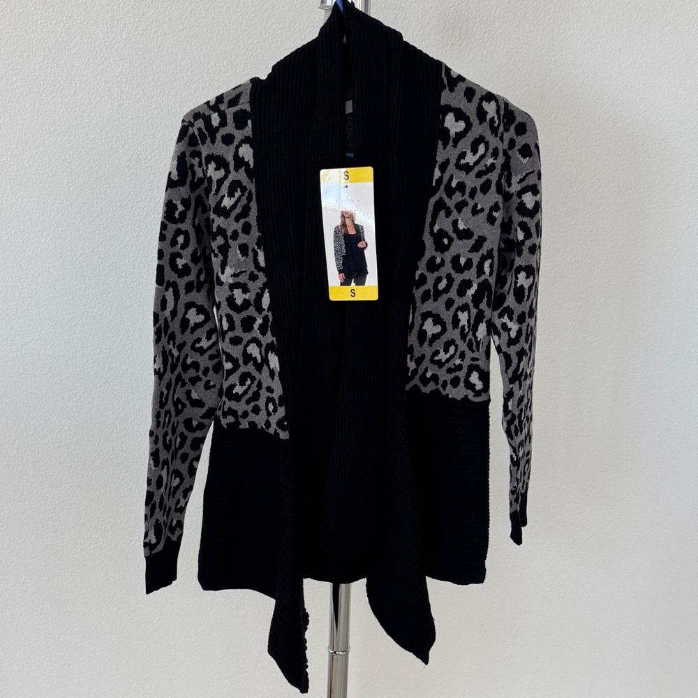 Fever Black and Gray Leopard Cardigan, Small, NWT